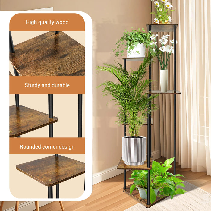 6-Tier Corner Plant Stand — Metal Frame with Wooden Shelves for Indoor & Outdoor