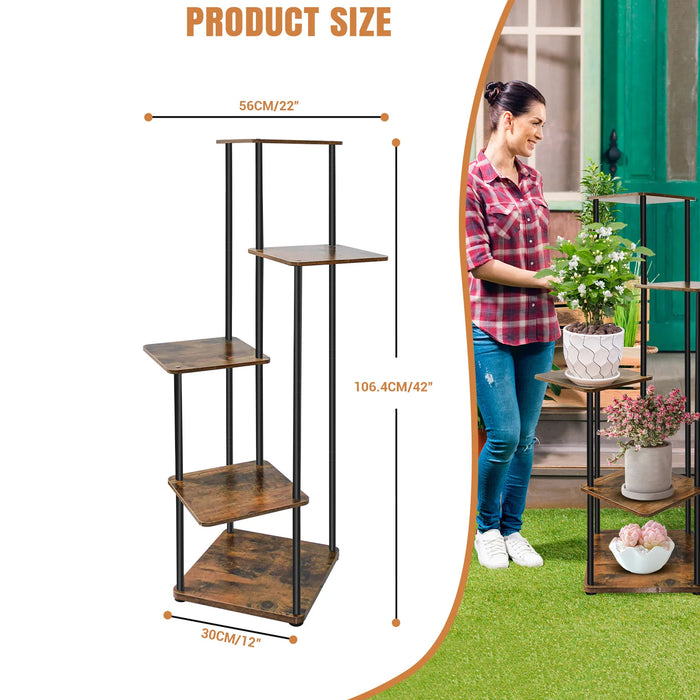 5-Tier Metal and Wood Plant Stand — Indoor/Outdoor Flower Pot Shelf (106.5×30×30cm)
