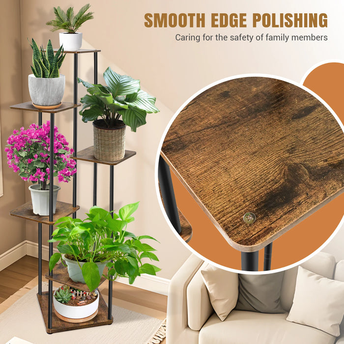 6-Tier Corner Plant Stand — Metal Frame with Wooden Shelves for Indoor & Outdoor