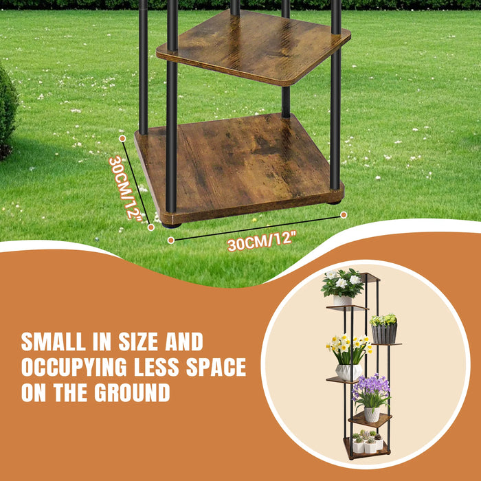 6-Tier Corner Plant Stand — Metal Frame with Wooden Shelves for Indoor & Outdoor