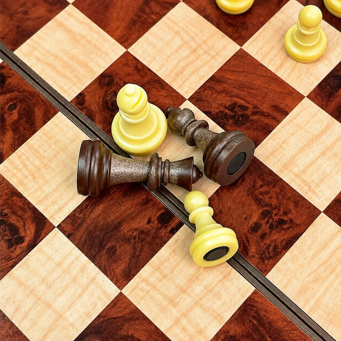 2-in-1 Folding Magnetic Chess & Checkers Set — 19x19cm Wood-grain Board with Carry Box
