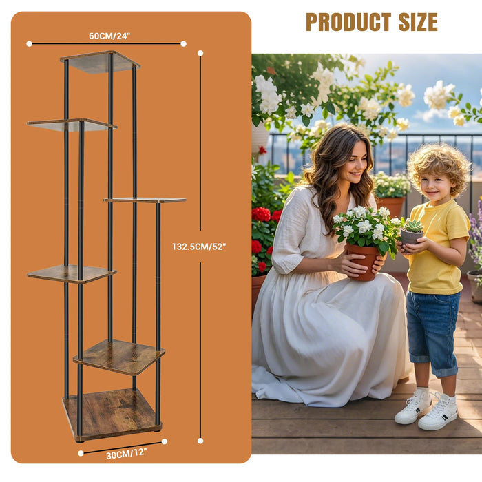 6-Tier Corner Plant Stand — Metal Frame with Wooden Shelves for Indoor & Outdoor