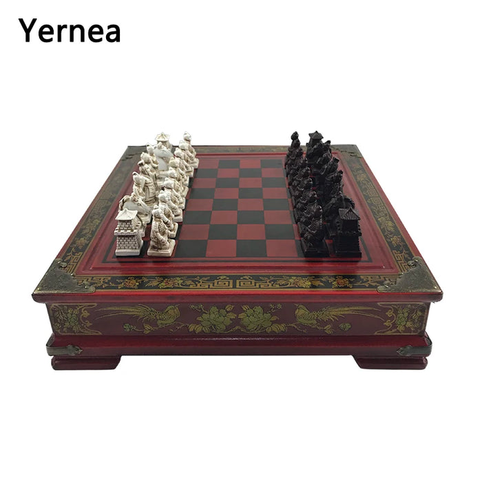 Retro Terracotta Warriors Chess Set — 26 cm Wooden Board with Resin Chessmen