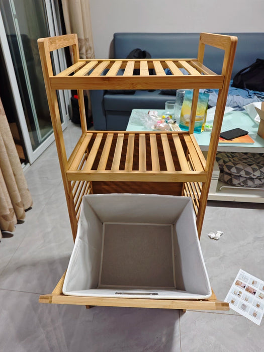 Adjustable Bamboo Laundry Hamper & Bathroom Rack with Pull-Out Shelves