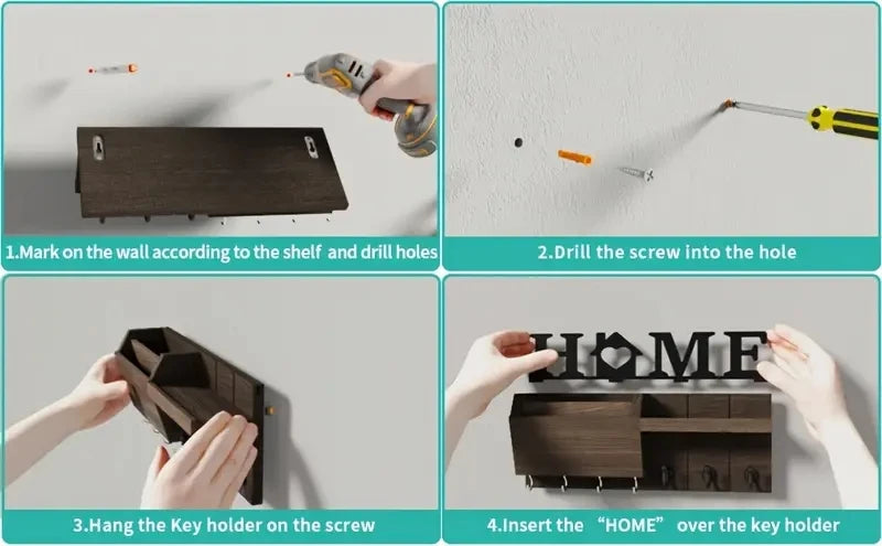 Rustic Wooden Wall-Mounted Organiser with Shelf and 7 Hooks