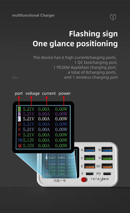 8-Port Wireless Fast Charging Station — 15W Wireless, 65W Total, PD & QC