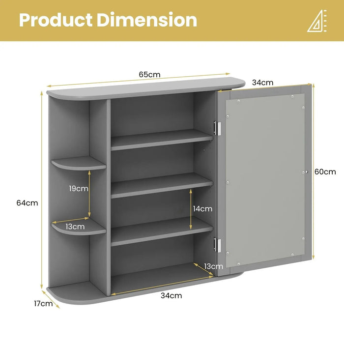 3-Tier Mirrored Bathroom Cabinet — Wall-Mounted with Display Shelves, Grey