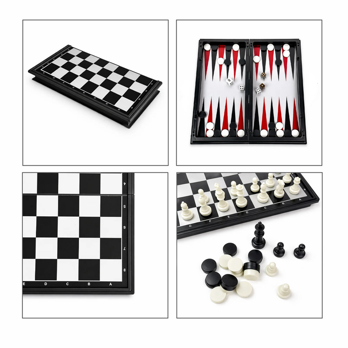 3-in-1 Folding Chess, Checkers & Backgammon Set — Portable Travel Board (4 Sizes)