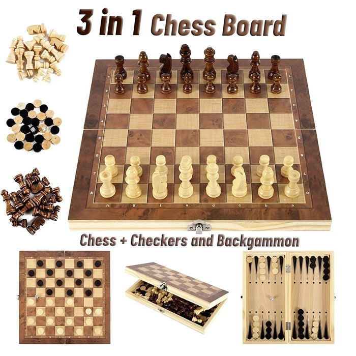 3-in-1 Travel Board Game Set – Chess, Checkers & Backgammon with Dice
