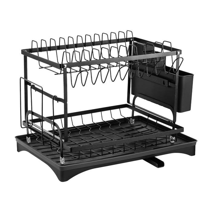 2-Tier Black Carbon Steel Dish Drying Rack with Drip Tray & Utensil Holder