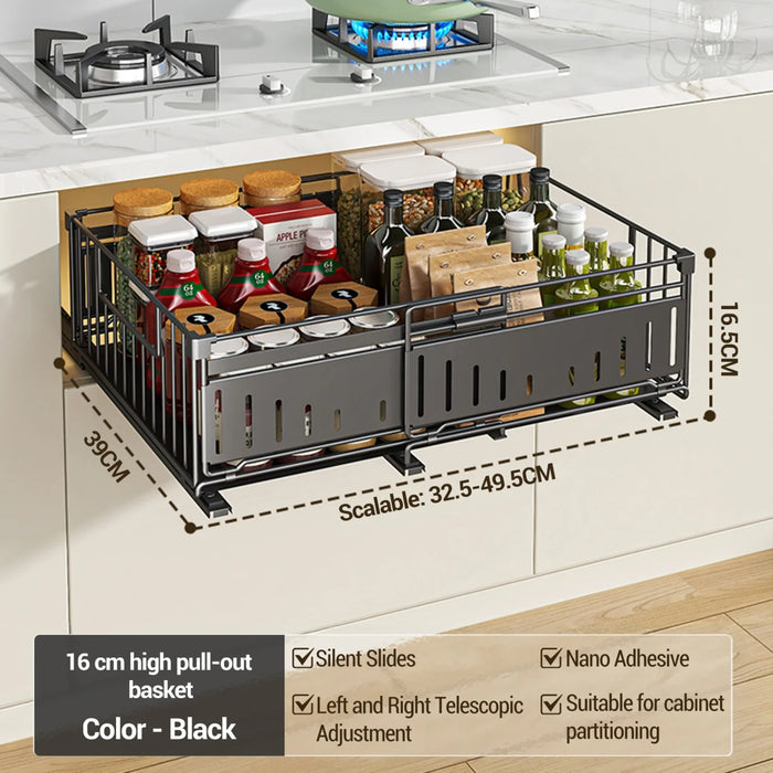 Expandable Pull-Out Cabinet Organiser — Slide-Out Drawer Storage Shelf for Kitchen