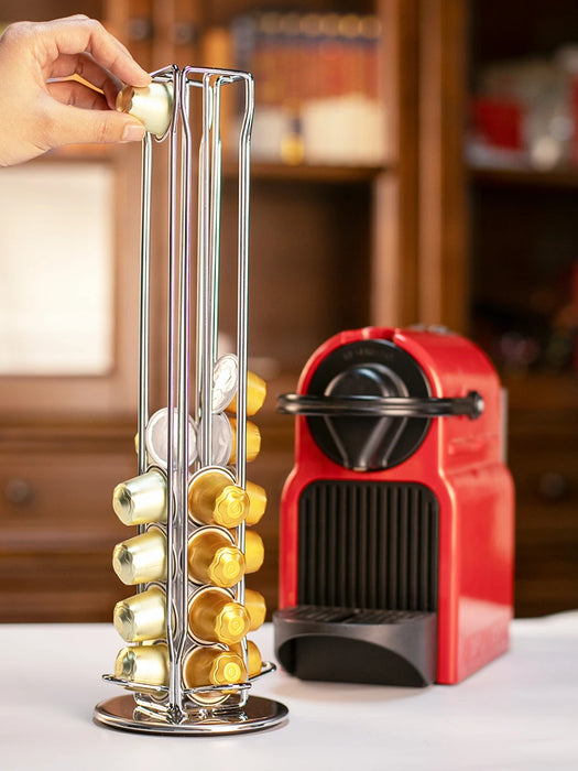 Silver Rotating Coffee Capsule Rack – 360° Base, Holds 40 Pods