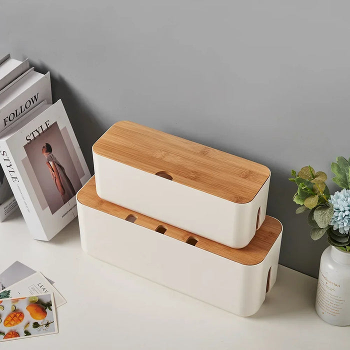 Cable Management Box with Bamboo Cover — Hide Power Strips & Desk Wires