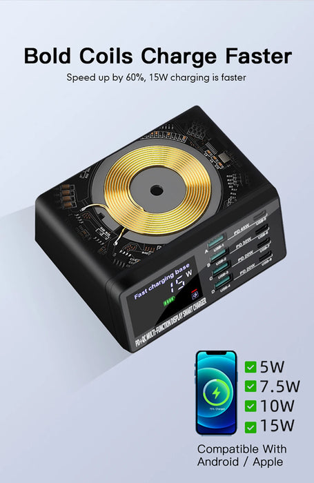 110W 8-Port USB Charging Station — 45W PD USB-C, QC3.0 & 15W Wireless (GaN)