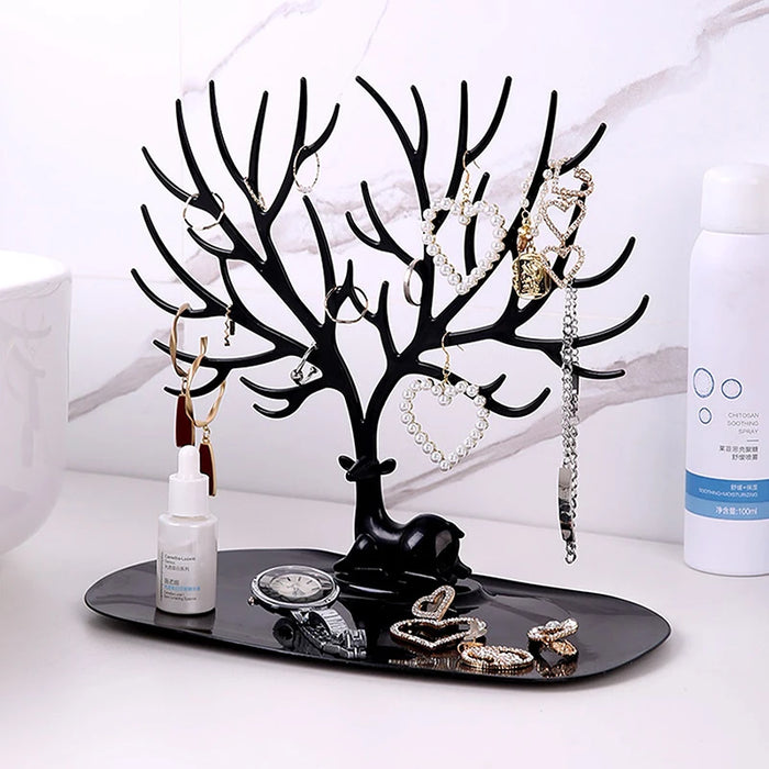 Reindeer Tree Jewellery Stand with Tray — PP Plastic Organiser (Black or White)