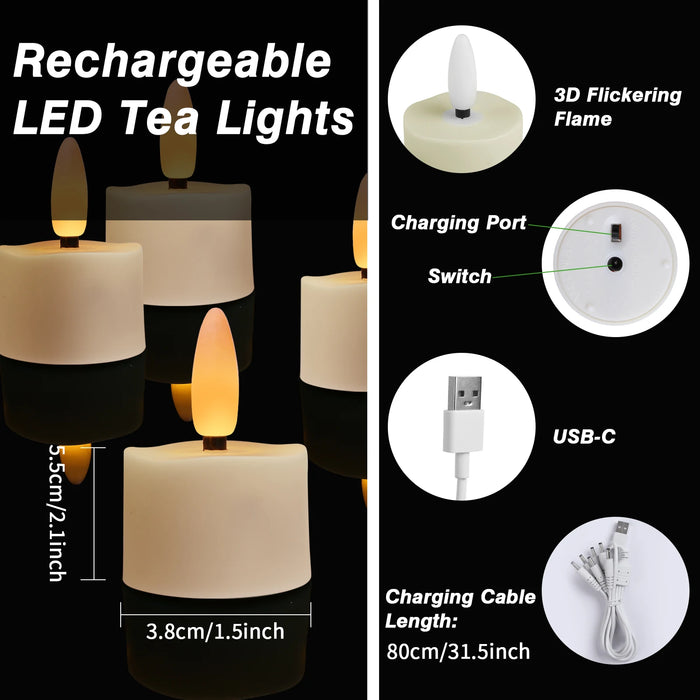 Rechargeable Flameless LED Tea Lights with Remote & Timer — 3D Flicker, 2700K