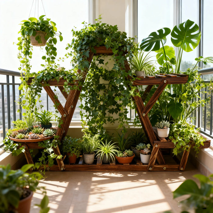 6-Tier Carbonised Triangle Corner Plant Stand — Pine & Metal, Stained Brown