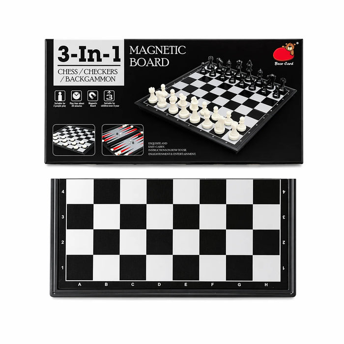 3-in-1 Folding Chess, Checkers & Backgammon Set — Portable Travel Board (4 Sizes)