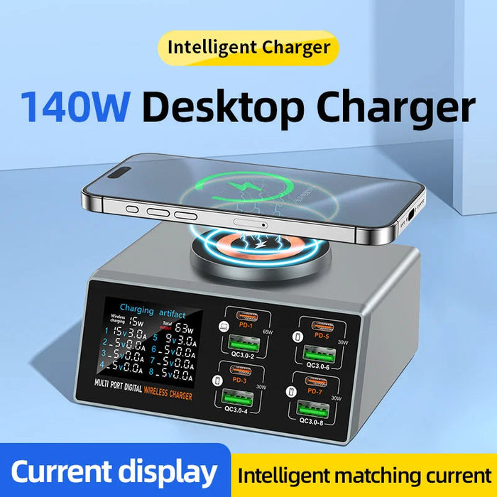 140W 8‑Port GaN Fast Charger Station with Qi2 Wireless Pad — Travel & Home