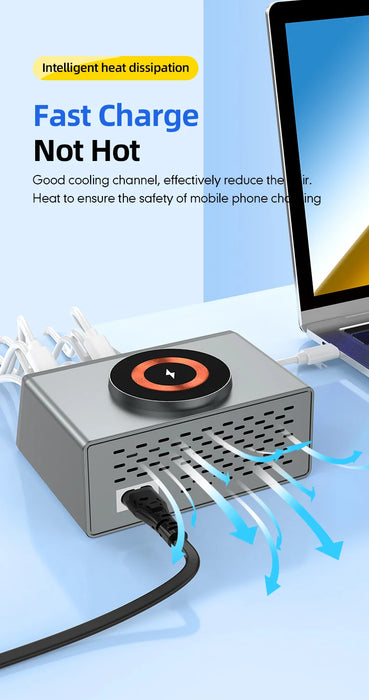 140W 8‑Port GaN Fast Charger Station with Qi2 Wireless Pad — Travel & Home