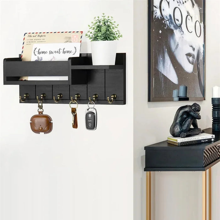 Rustic Wood Key Rack & Mail Organiser — 6 Hooks with Shelf, Wall-Mounted