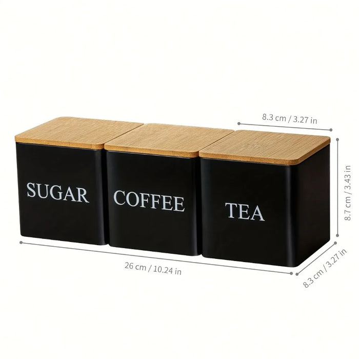 Set of 3 Metal Canisters with Bamboo Lids — 500ml (Coffee, Tea, Sugar)