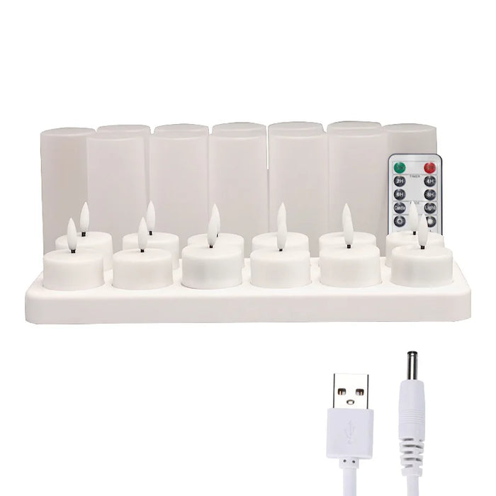 Rechargeable LED Tea Lights – Pack of 12, Black Wick, Remote-Controlled Flame-Effect