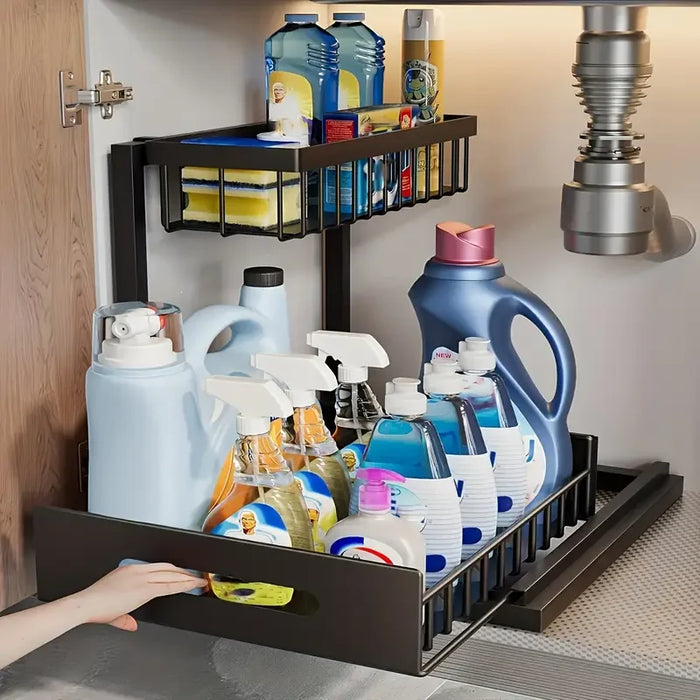 Under-Sink Pull-Out Organiser — 2-Tier Slide-Out Metal Shelf (White or Black)