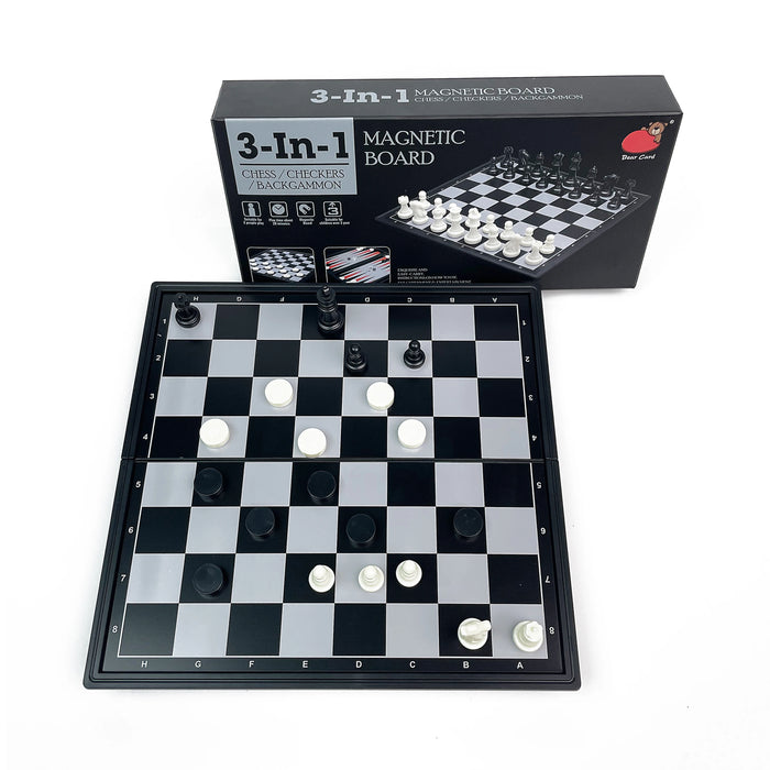 3-in-1 Foldable Magnetic Chess, Checkers & Backgammon Portable Plastic Board