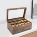 24-Slot Watch Box — Brown PU & Wood Display Case with Glass Lid