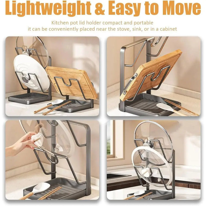 Pot Lid & Cutting Board Rack — Steel Holder with U‑Shaped Slots & Drip Tray
