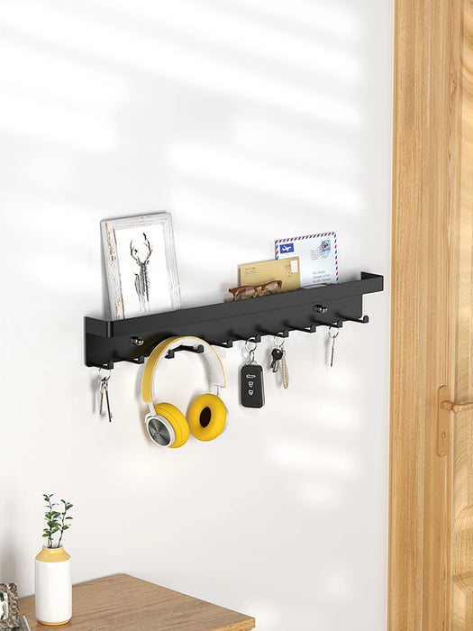 Wall-Mounted Key Organiser with Tray and Hooks – No-Drill or Drill Fixing