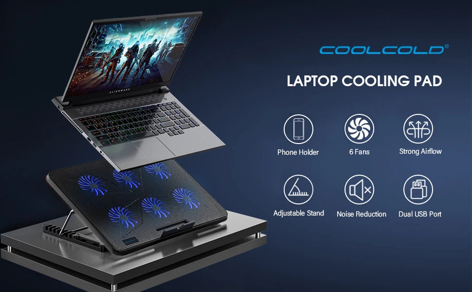 Laptop Cooling Pad for 12–17.3-inch Laptops — 6 Quiet Fans, 7-Stage Height & Phone Holder