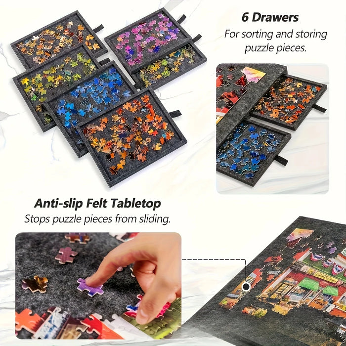 Jigsaw Puzzle Sorting Table with 6 Drawers & Felt Surface — Fits 1000pcs, Includes Display Lid & Stand