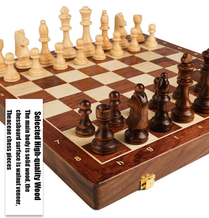 15" x 15" Folding Walnut Chess Set with Solid Wooden Pieces