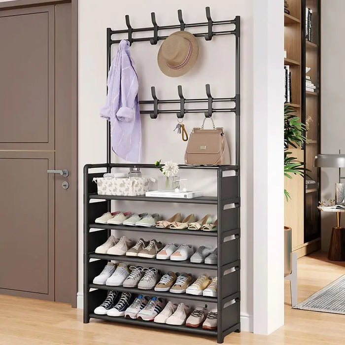 5-Tier Metal Shoe Rack with 8 Hooks — Coat, Hat & Bag Organiser