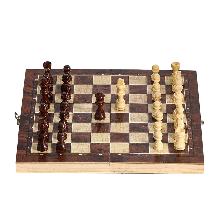 Wooden 3‑in‑1 Chess, Checkers & Backgammon Set – Foldable Travel Board