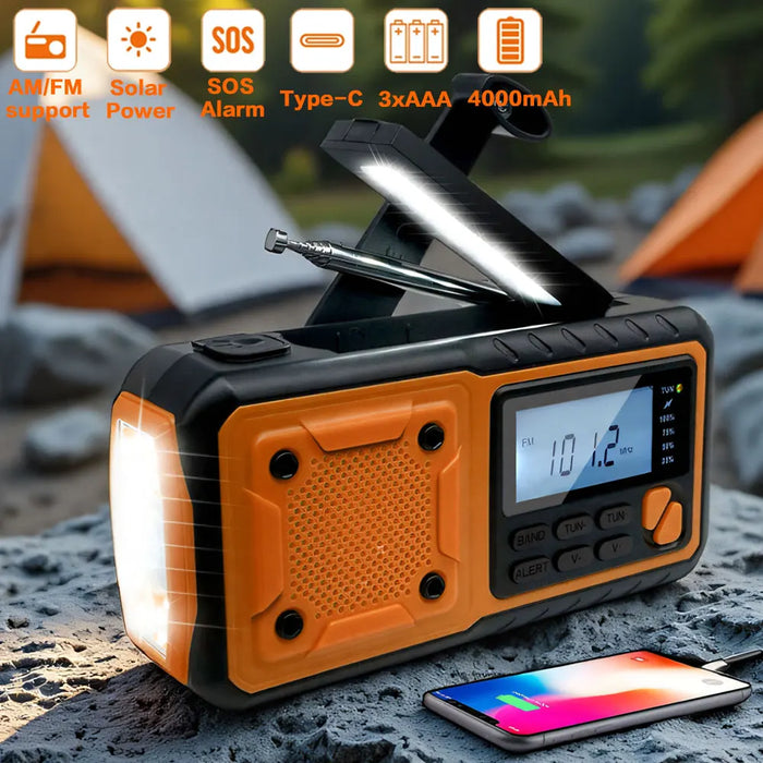4000mAh Emergency Solar Radio with Hand Crank — AM/FM Weather Radio, LED Reading Light & Phone Charger