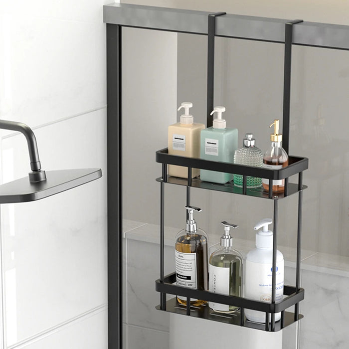 QH Dual-Tier Shower Caddy — Metal & Plastic Bathroom Shelf (Wall or Over-Door)
