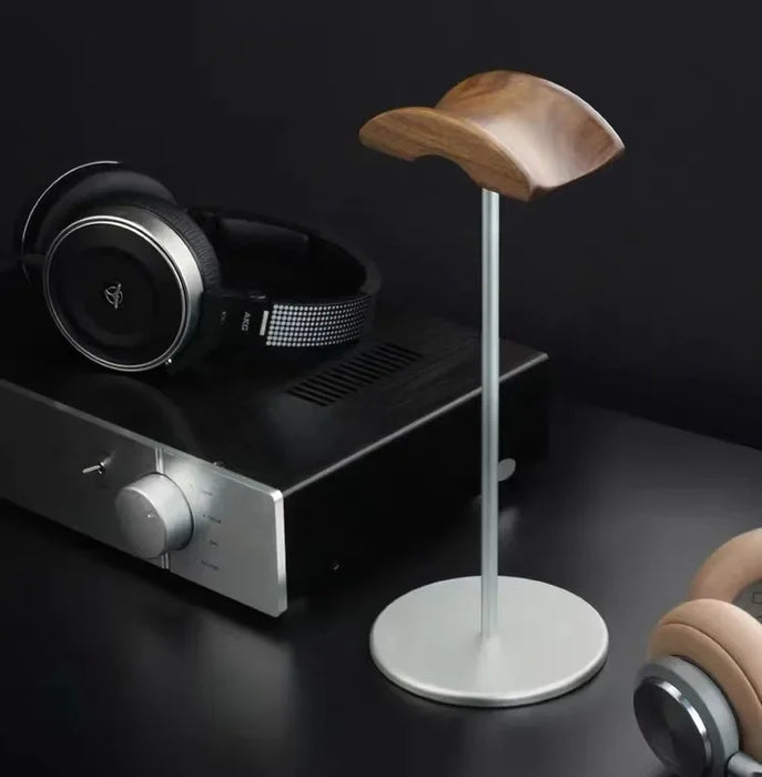 Walnut Wood & Aluminium Headphone Stand with Solid Metal Base — Desk Headset Holder