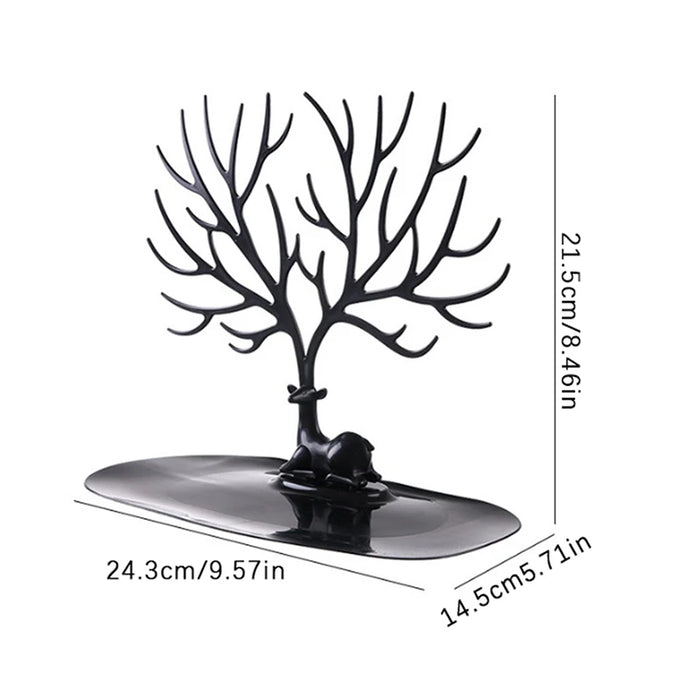 Reindeer Tree Jewellery Stand with Tray — PP Plastic Organiser (Black or White)