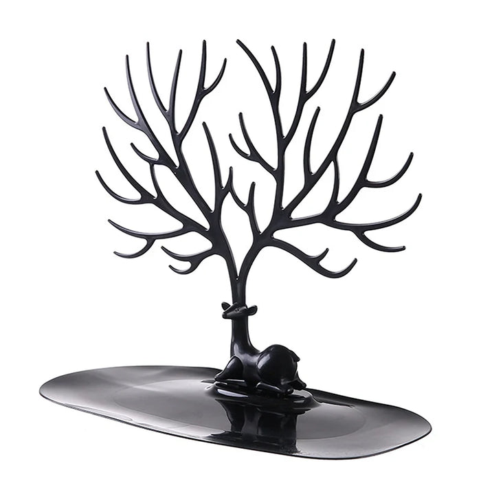 Reindeer Tree Jewellery Stand with Tray — PP Plastic Organiser (Black or White)