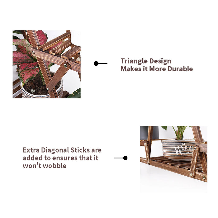 6-Tier Carbonised Triangle Corner Plant Stand — Pine & Metal, Stained Brown