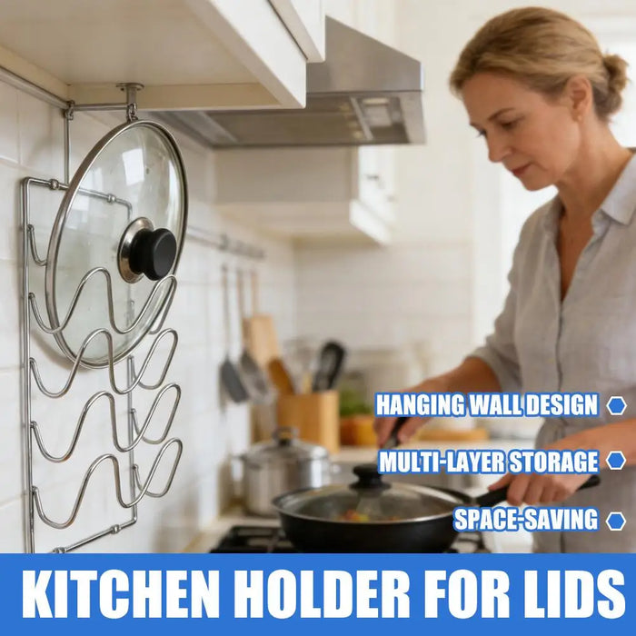 5-Tier Wall-Mounted Pot Lid Rack — Stainless Steel, Foldable, Space-Saving