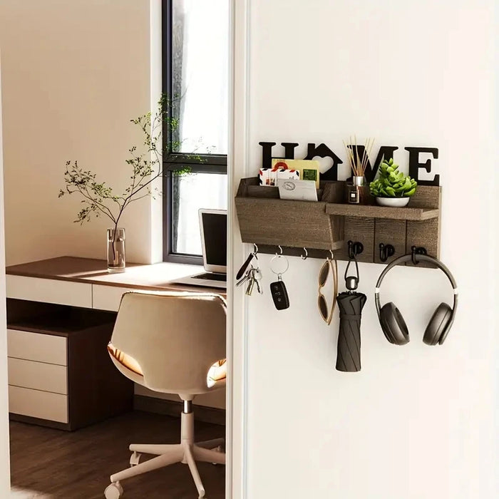 Rustic Wooden Wall-Mounted Organiser with Shelf and 7 Hooks