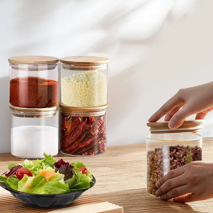 10-piece Glass Storage Jar Set – 5 x 250ml & 5 x 350ml with Wood Lids