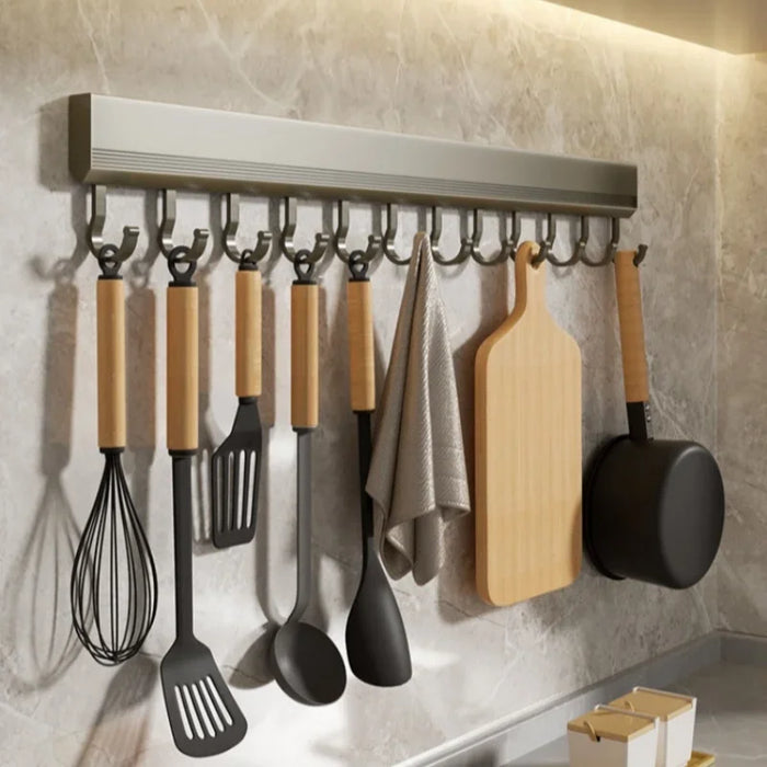 Drill-Free Wall-Mounted Aluminium Hook Rack — 6/8/10 Hook Options