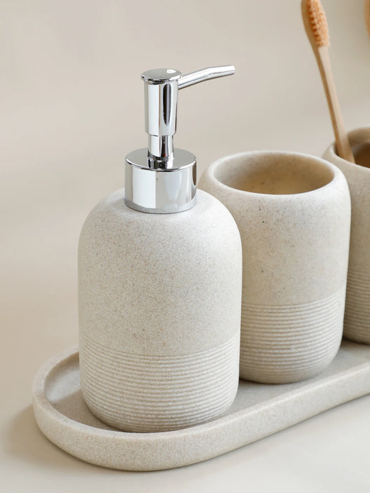 5‑Piece Bathroom Accessory Set — Dispenser, Toothbrush Holder, Tumbler, Tray & Soap Dish (Beige or Grey)