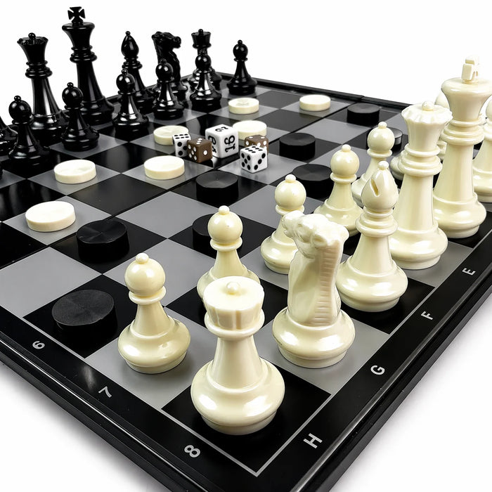 3-in-1 Folding Chess, Checkers & Backgammon Set — Portable Travel Board (4 Sizes)