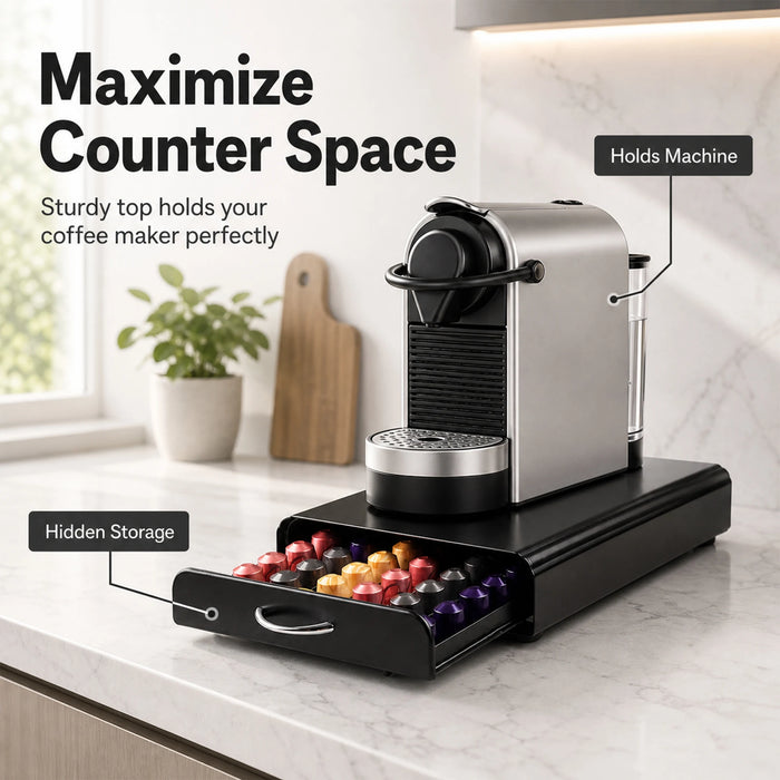 Coffee Pod Drawer & Machine Stand — Dust‑Proof Black (Holds 54 Pods)